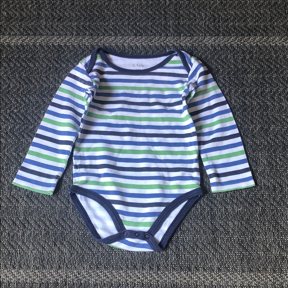 Long-Sleeve Striped Baby Bodysuit in Blue, White & Green